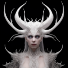 Pale figure with white antler headwear and blue eyes on black background