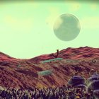 Surreal landscape with green terrain and large distant planet