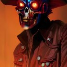 Glowing-eyed skull in wide-brimmed hat against fiery backdrop