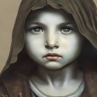 Digital art portrait of young girl with large, expressive eyes and draped head covering.