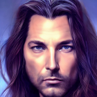 Man with Long Brown Hair in Digital Portrait on Blue Gradient Background