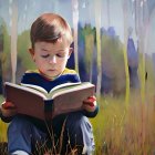 Young boy reading book in sunlit forest clearing