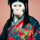 Digital art: Monkey face on human body in kimono with floral patterns on red background