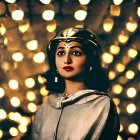 Traditional Attire Woman with Headpiece Against Bokeh Background