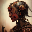 Detailed portrait of a person in ornate traditional armor with intricate helmet and contemplative expression