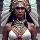 Native American woman in traditional attire with headdress and necklaces on grey background