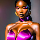 Striking makeup and sleek hair on woman in purple dress pose