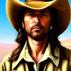 Stylized portrait of man with long hair and hat on sky background