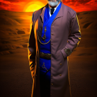 Man with Beard in Trench Coat & Blue Suit Artwork Against Sunset Desert