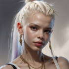 Detailed digital portrait of woman with white hair, golden adornments, tattoos, and intense gaze against glowing