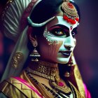 Traditional Indian Bridal Attire with Elaborate Gold Jewelry and Dramatic Eye Design