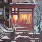 Snowy night house entrance with warm lighting