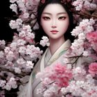 Digital artwork: Woman in East Asian attire with cherry blossoms & red eye makeup