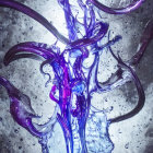 Vibrant purple liquid splashing with suspended droplets on shimmering background