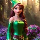 Animated female elf with auburn hair in green dress among purple forest flora