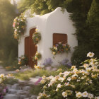 White cottage with rounded door in lush garden with waterfall