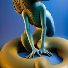 Surreal 3D illustration: Blue creature with large ears and eyes on golden loop