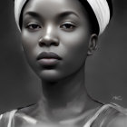 Grayscale portrait of woman in head wrap against dark background