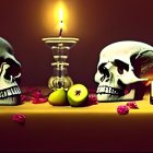 Human skulls, fruit, petals, and candles on a table in a dramatic scene