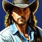 Man in cowboy hat, blue silk shirt, badge, earring, and leather vest embodies western style