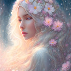 Fantasy portrait of a pale woman with white hair and pink blossoms.