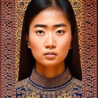 Young woman in traditional attire with straight black hair on floral background