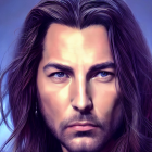 Man with Long Brown Hair in Digital Artwork on Purple Background