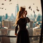 Woman on balcony gazes at cityscape at sunset with birds and leaves.