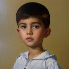 Young child portrait with solemn expression, dark hair, light blue shirt, beige backdrop