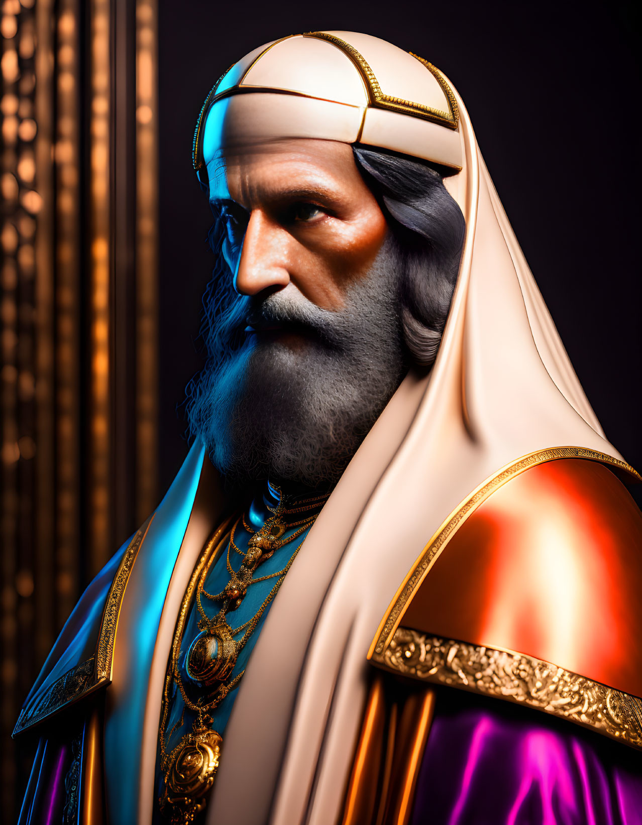 Regal bearded figure in historical garb with gold crown