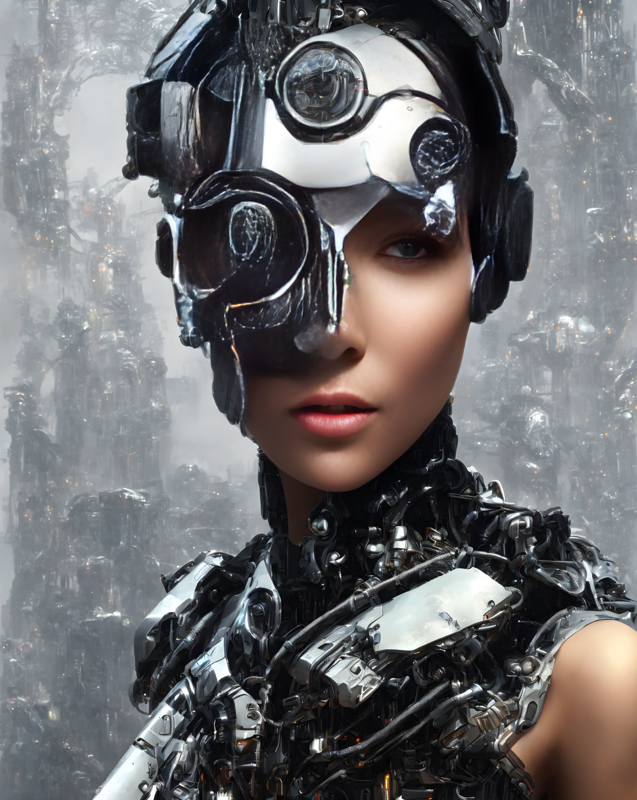 Futuristic robot-like person with mechanical headpiece and metallic neck and shoulders