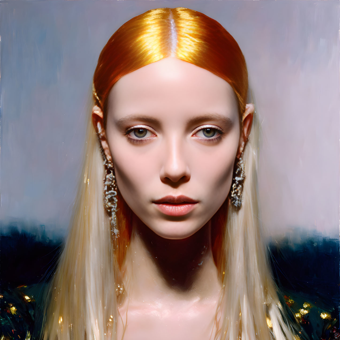 Blonde woman with blue eyes and intricate earrings