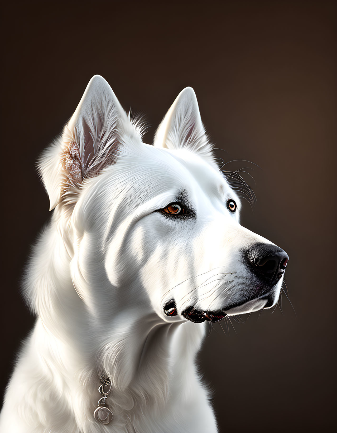 White Dog with Pointed Ears and Collar on Brown Background