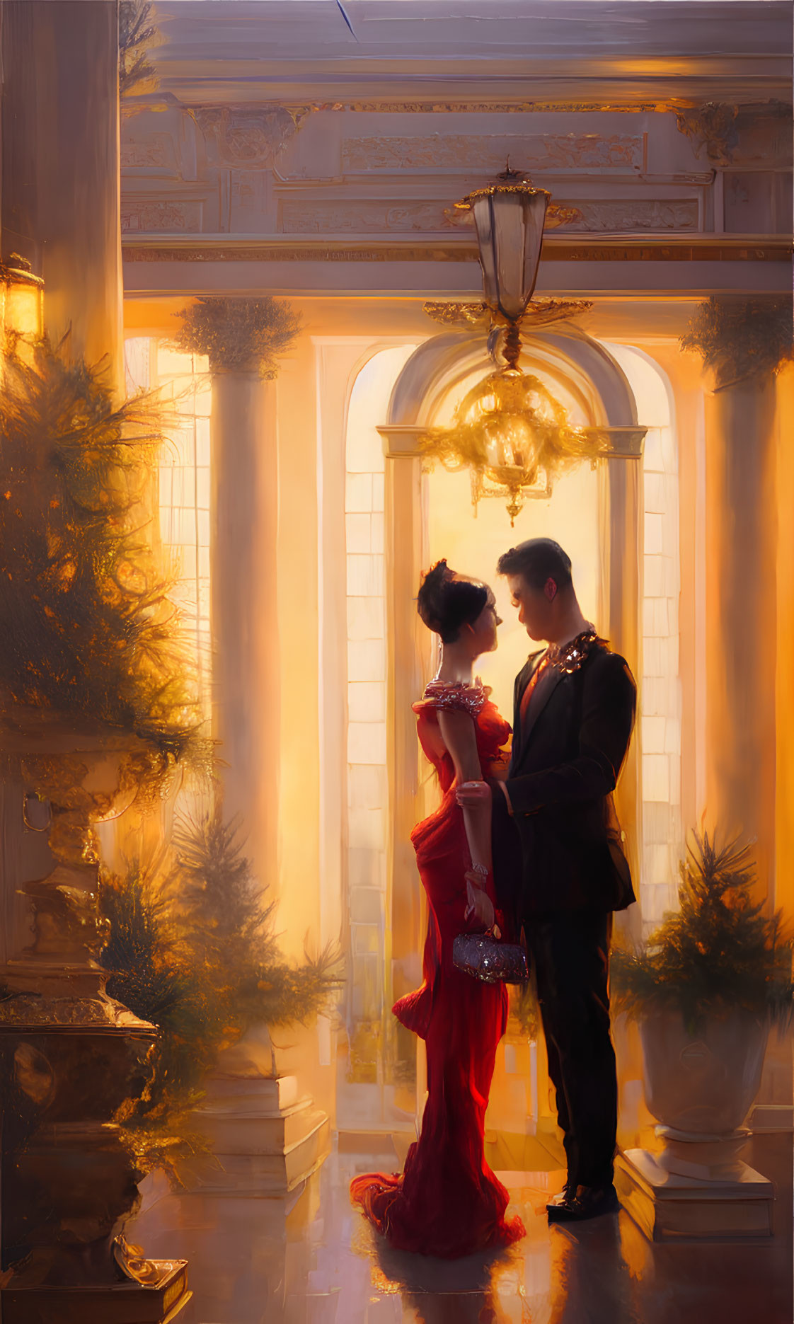 Formal attire couple in intimate moment in grand ballroom