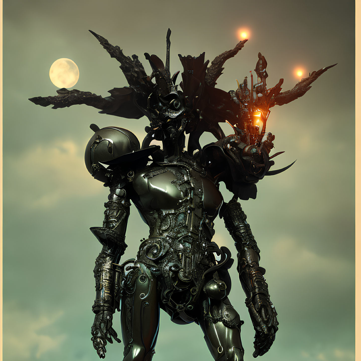 Futuristic robot with intricate armor under moody sky