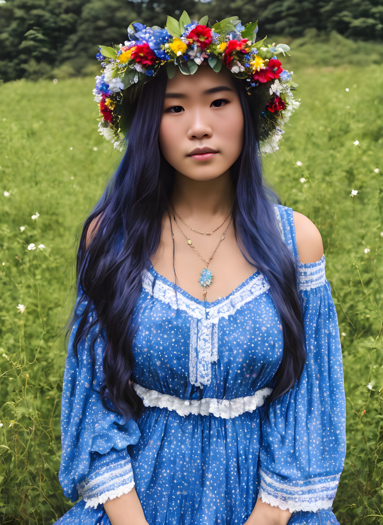 Woman with Blue Hair and Floral Wreath in Meadow Wearing Blue and White Dress