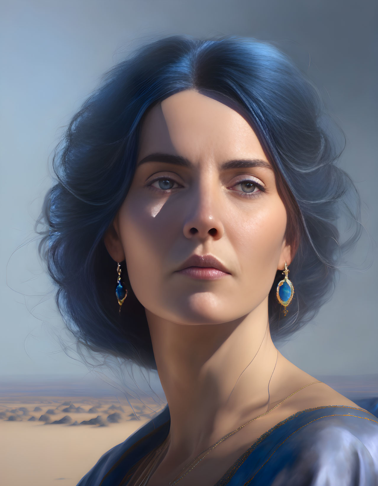 Blue-haired woman with earrings in desert landscape portrait.