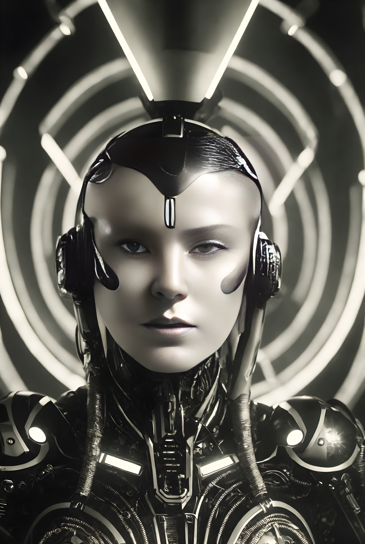 Detailed Metallic Suit and Headset on Humanoid Robot Against Futuristic Background