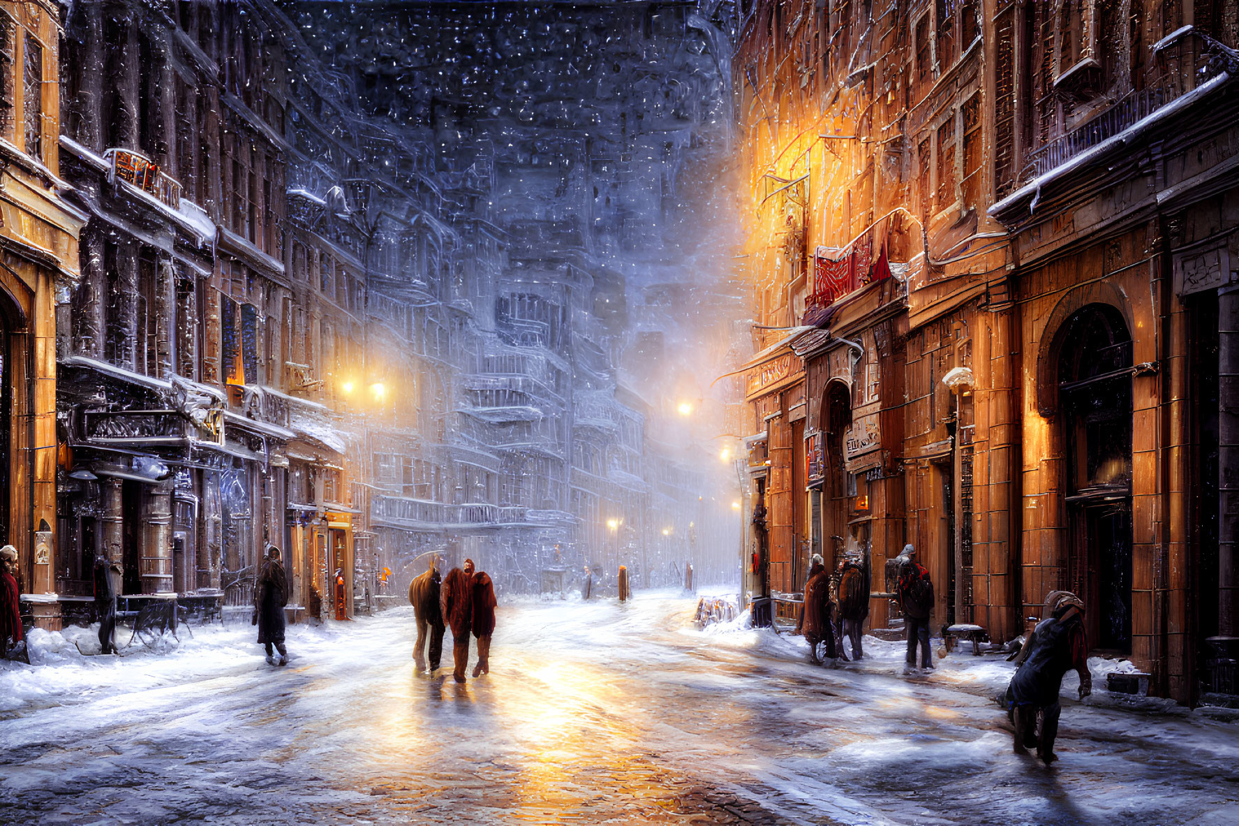 Snowy City Street at Night: People, Buildings, and Falling Snow