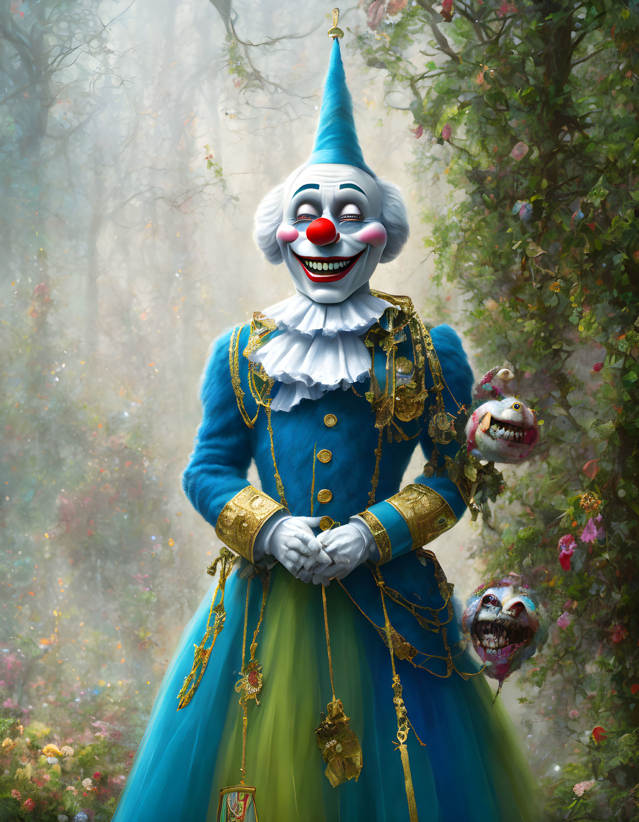 Colorful Clown in Blue and Gold Costume with Sinister Clown-faced Puppets