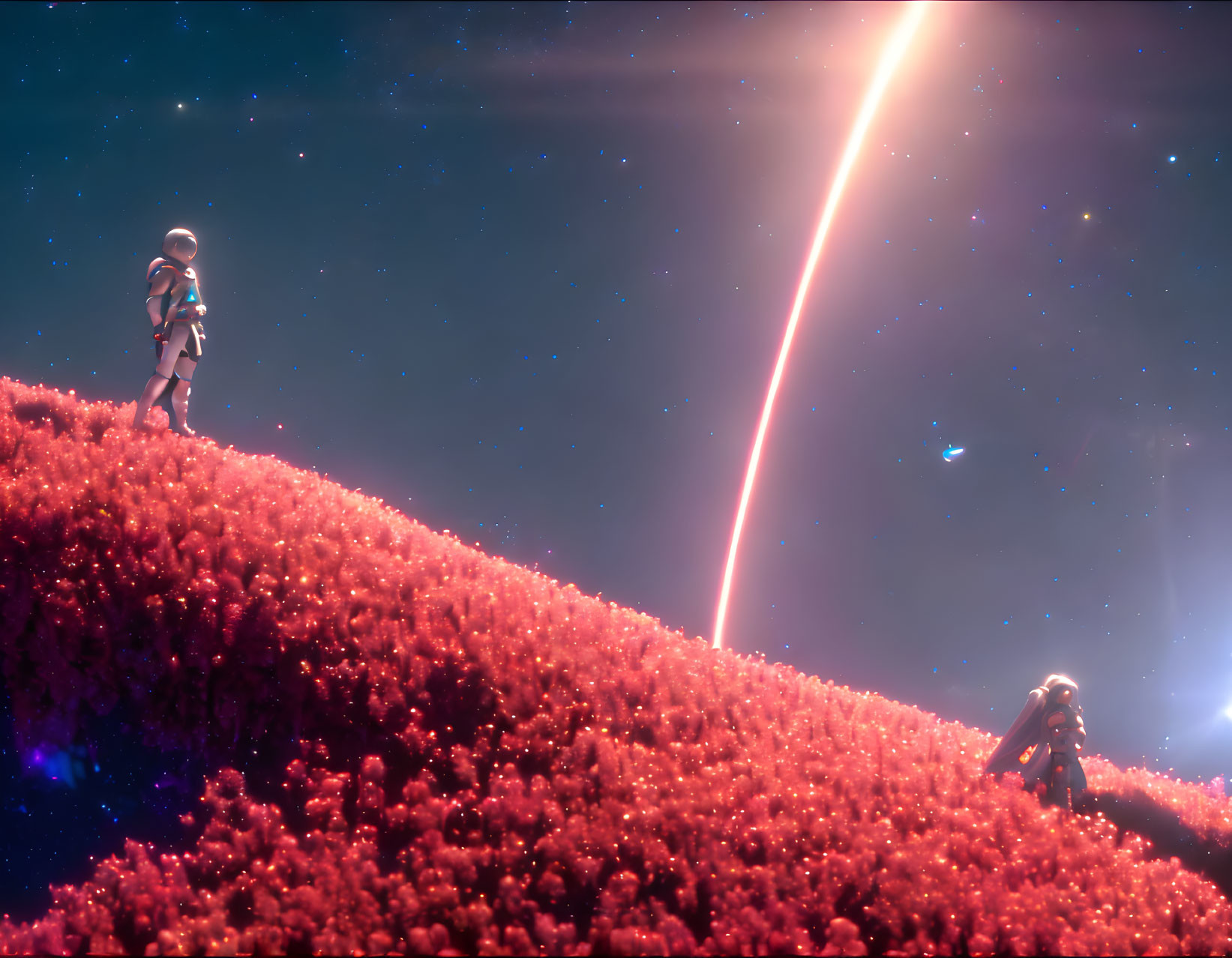 Astronauts on pink floral alien terrain with cosmic event