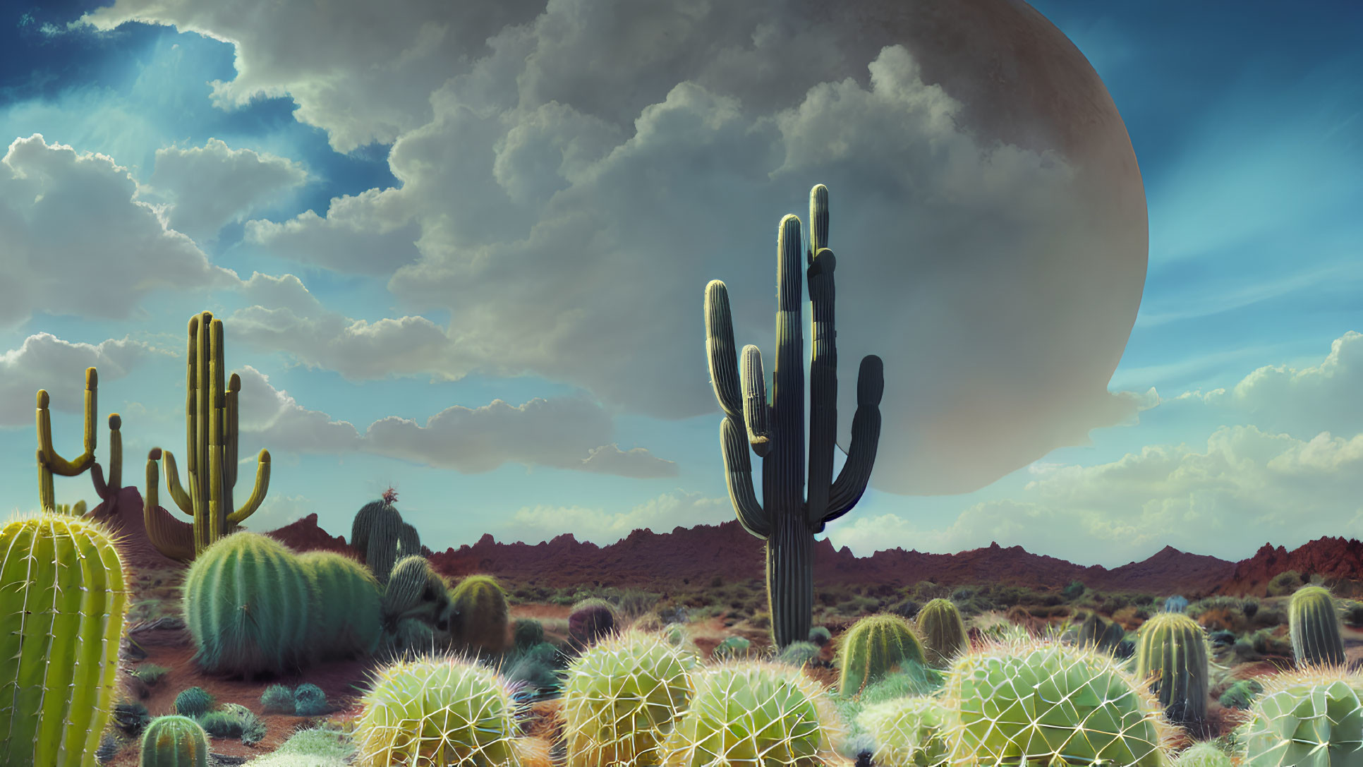 Surreal desert landscape with cacti under large moon