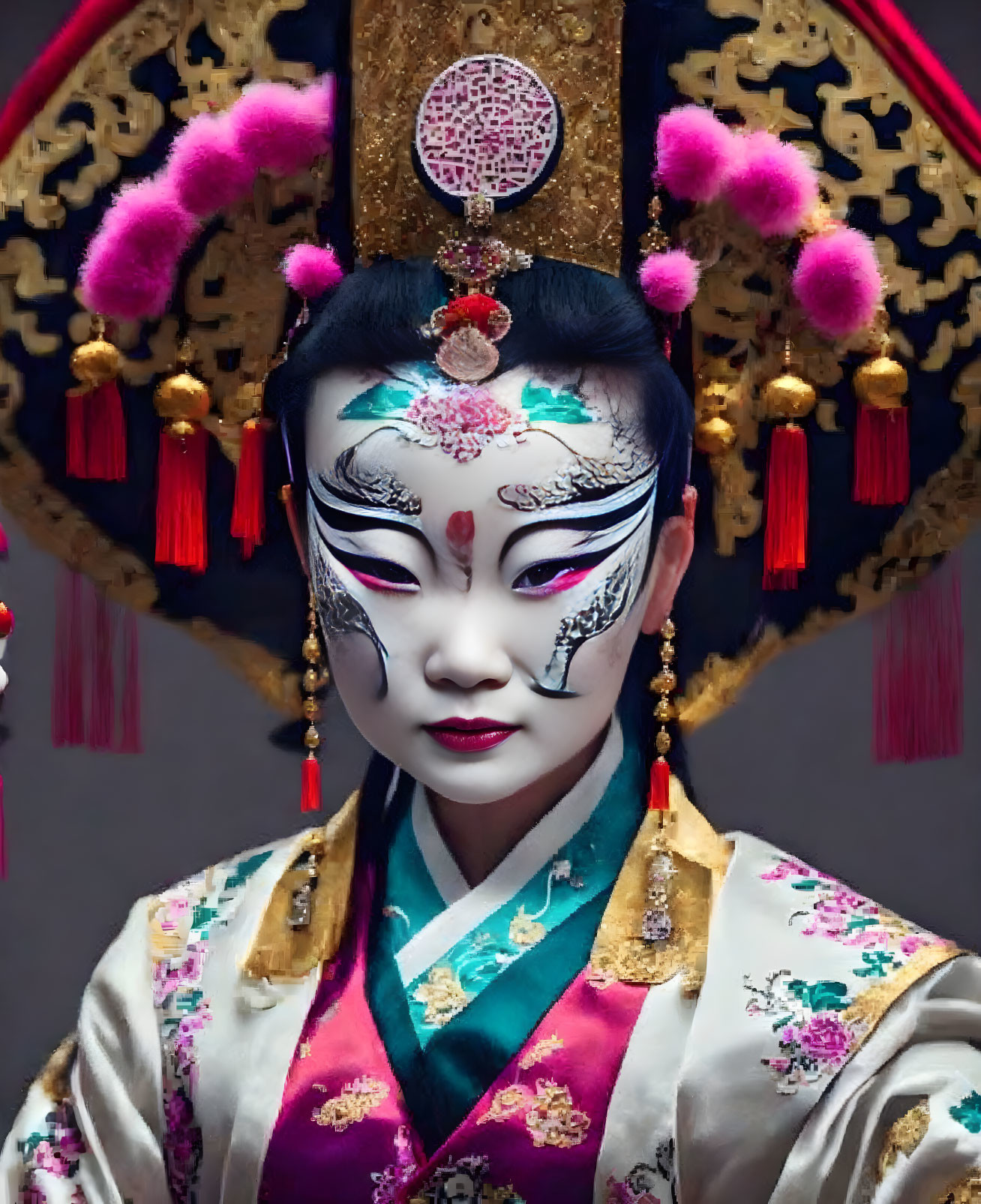 Traditional Chinese Opera Attire with Intricate Makeup and Ornate Headdress