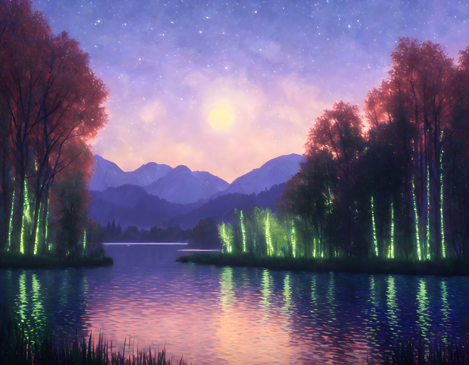 Tranquil lake landscape at dusk with luminous trees, starry sky, and moonlit mountains