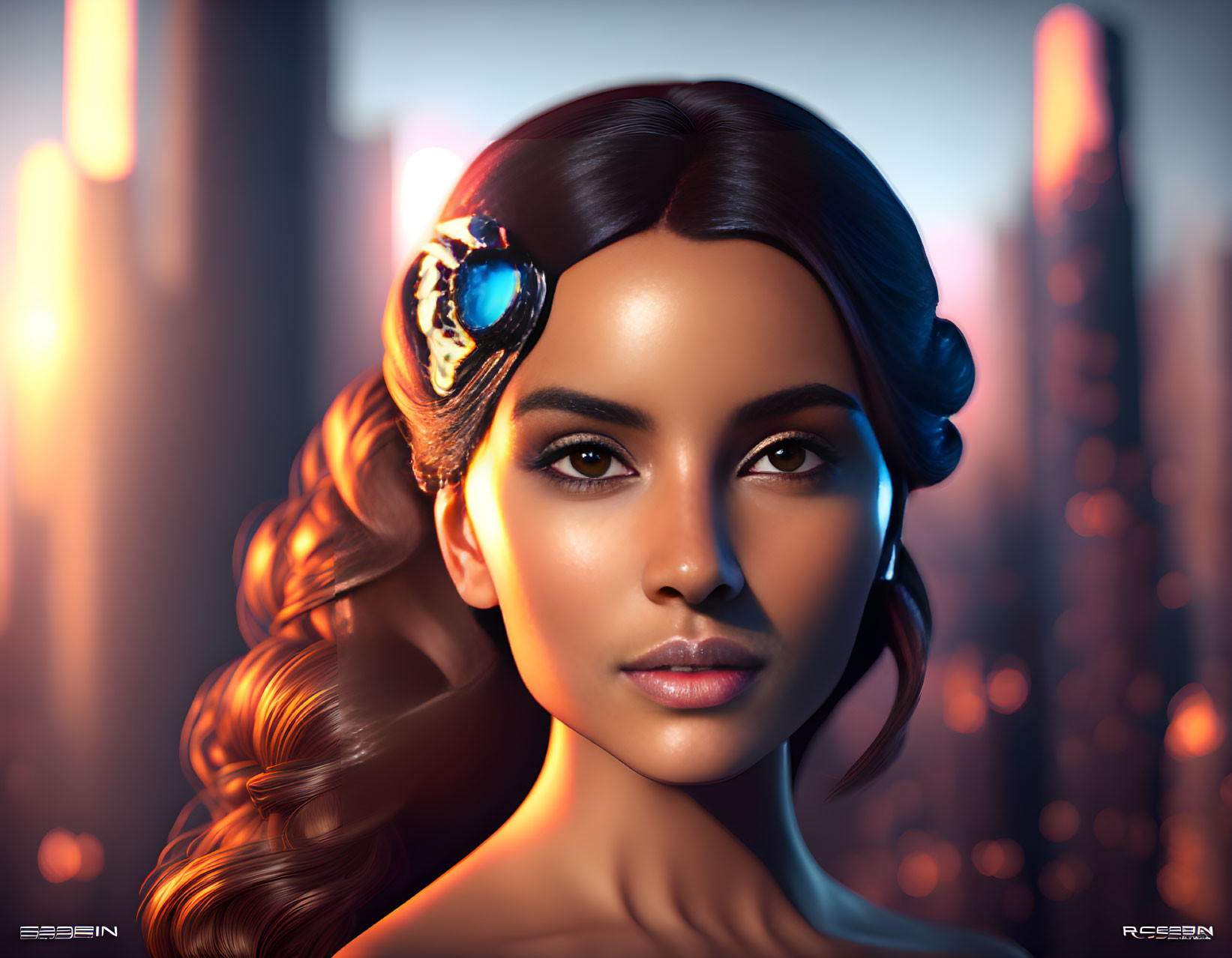 Digital portrait: Woman with cybernetic earpiece, glowing eyes, curled hairstyle in cityscape at