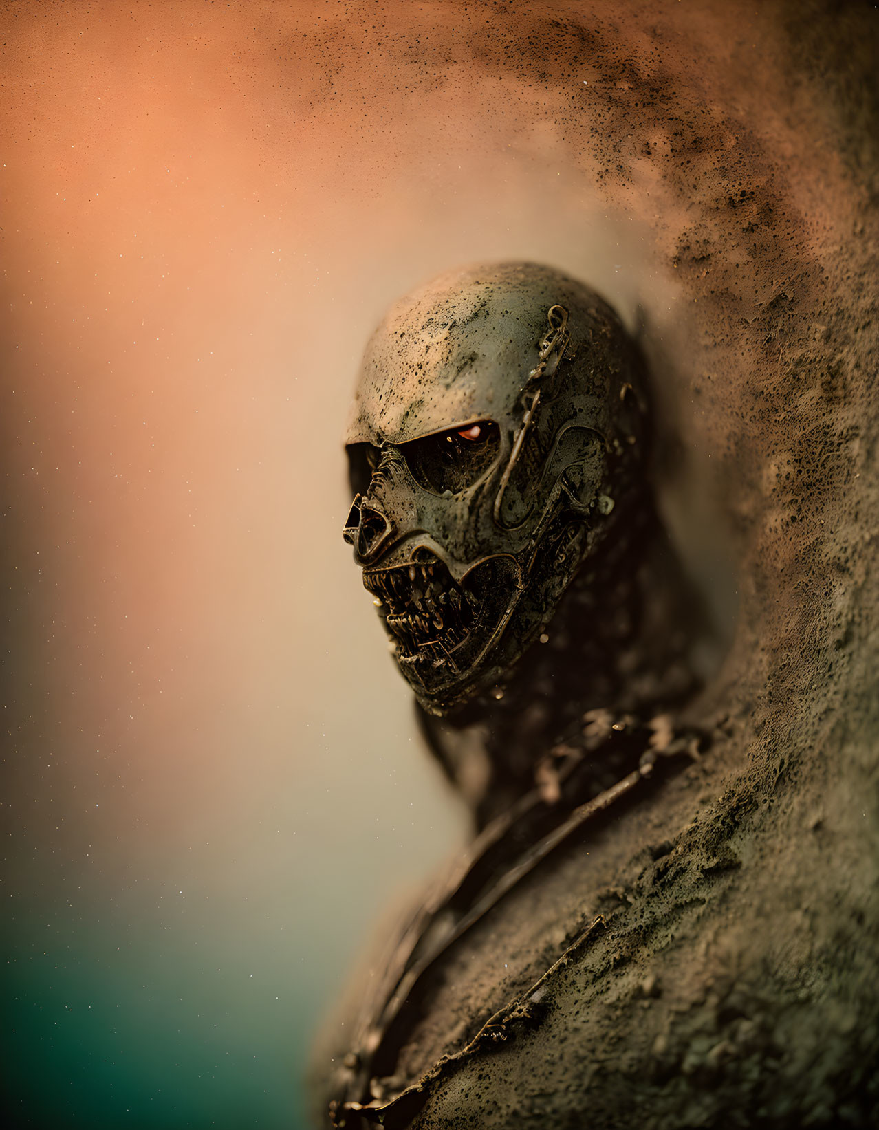 Detailed Terminator robot head close-up with disintegrating effect on warm backdrop