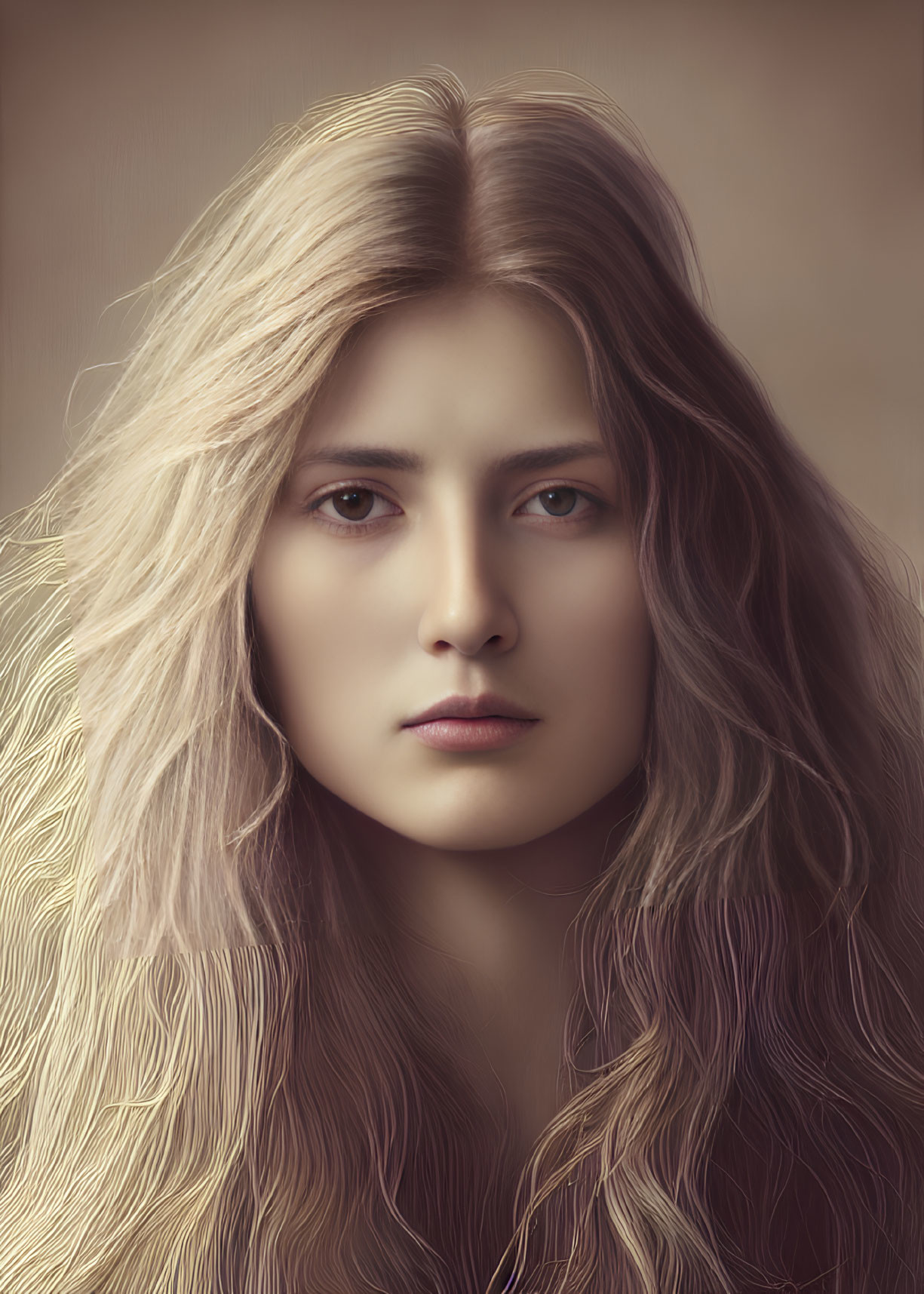 Blonde Woman Portrait with Wavy Hair & Thoughtful Expression