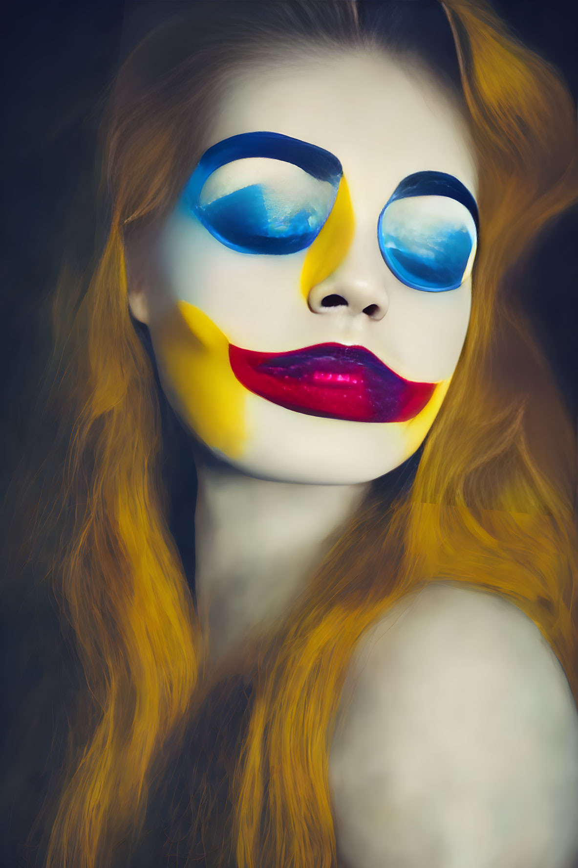 Colorful artistic makeup on woman with red hair on dark background