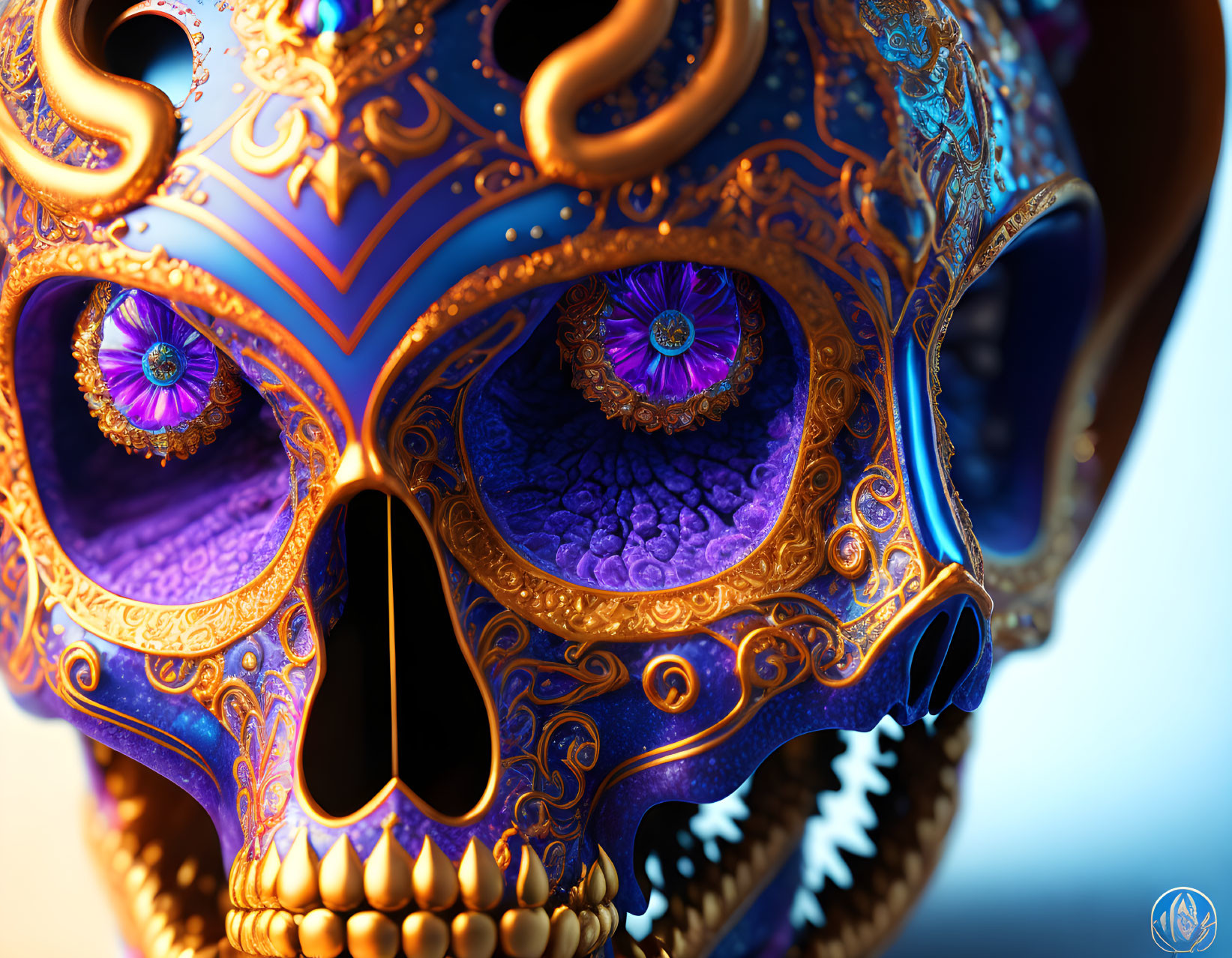 Blue and Gold Decorated Skull with Intricate Patterns and Jewel-Like Eyes