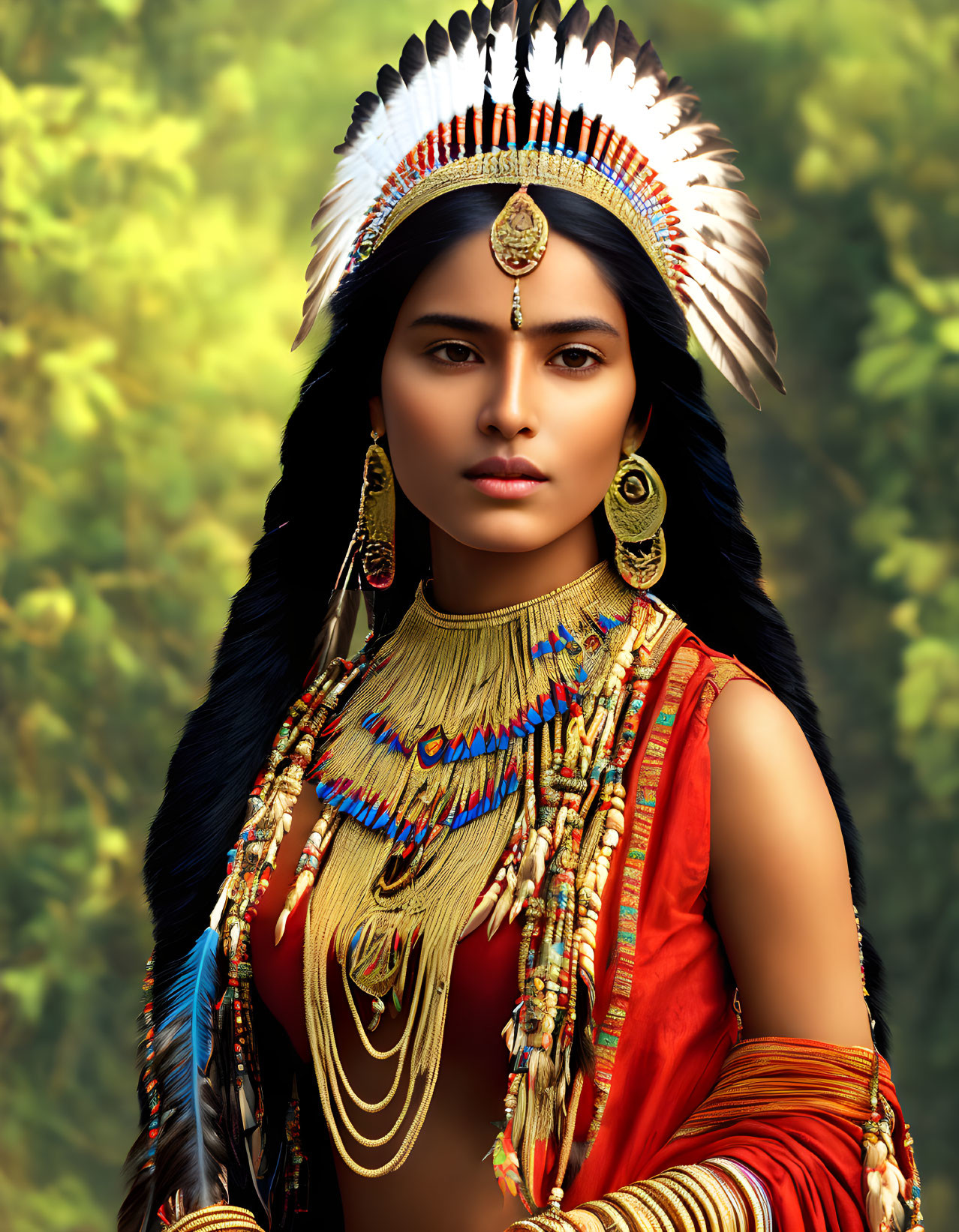 Portrait of a Woman in Traditional Attire with Feathered Headdress